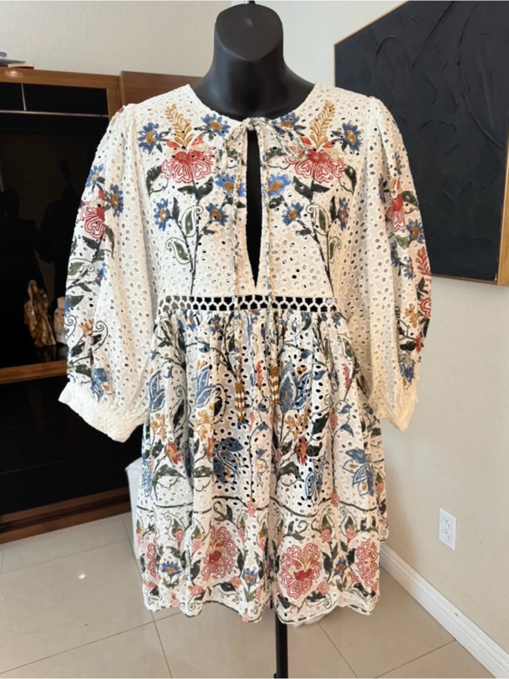 FARM Rio White Eyelet Mini Dress with Multicolor Floral Embroidery